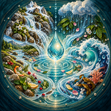 Luminous water droplet above a rippling pool where rain, mountain springs, rivers, and ocean waves converge