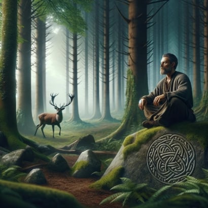 allen name, origins, celtic, deer, man sitting on a rock