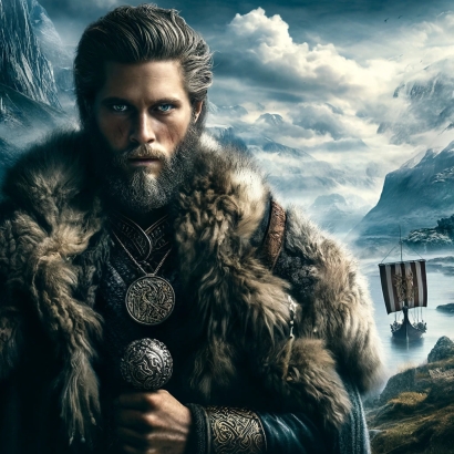 Name Eric an "eternal ruler" or "ever powerful," inspired by his Norse origins. It portrays a figure that embodies the strength, leadership, and adventurous spirit of a Viking leader, set against a majestic Nordic landscape.