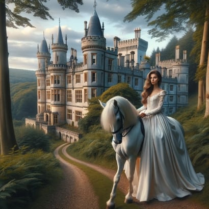 Kimberly name meaning, origins, England royal fortress, beautiful young woman white long dress on white horse.