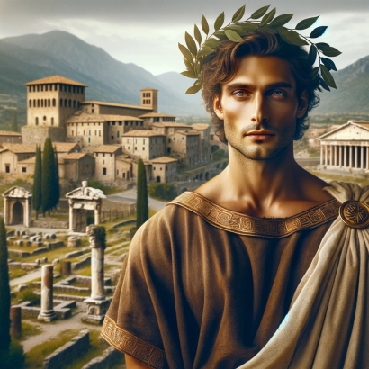 Lawrence name, ancient Italy city Laurentum, man wears ancient Rome clothes with laurel wreath (victory, honor)