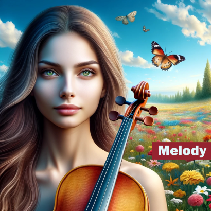 Name Melody meaning, origins, violin, young woman with violine, butterflies
