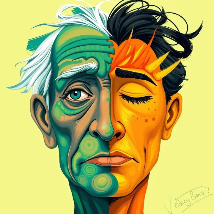 Older Brains, Sharper Lies - split face old and young. fMRI Shows How Some Seniors Spot Deception in High-Stakes Pleas