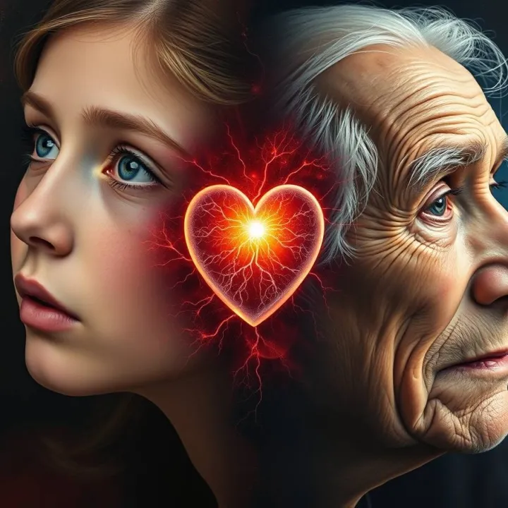 Portrait blending young and elderly faces, symbolizing emotional continuity. Glowing heart and neural pathways within.