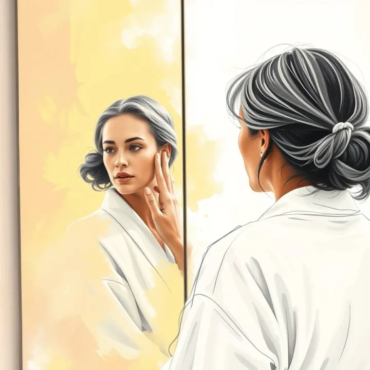 Illustrated older woman touching her face while looking into a mirror, symbolizing aging and self-reflection.