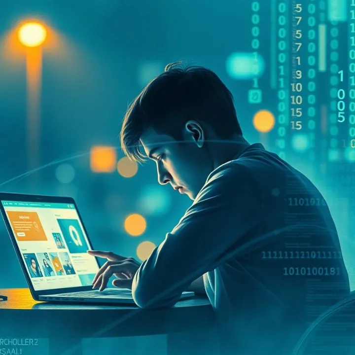 Person in front on laptop screen surrounded by data streams, symbolizing privacy boundaries in algorithmic social media.