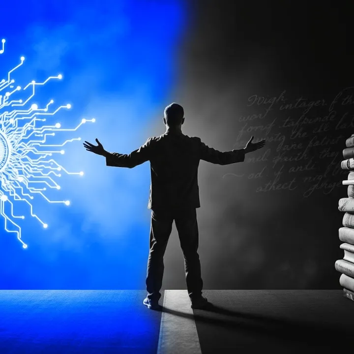 A human figure stands between stacks of books and a glowing AI circuit network, arms open toward both sides - symbolizing the balance between human knowledge and artificial intelligence in the age of learning autonomy.
