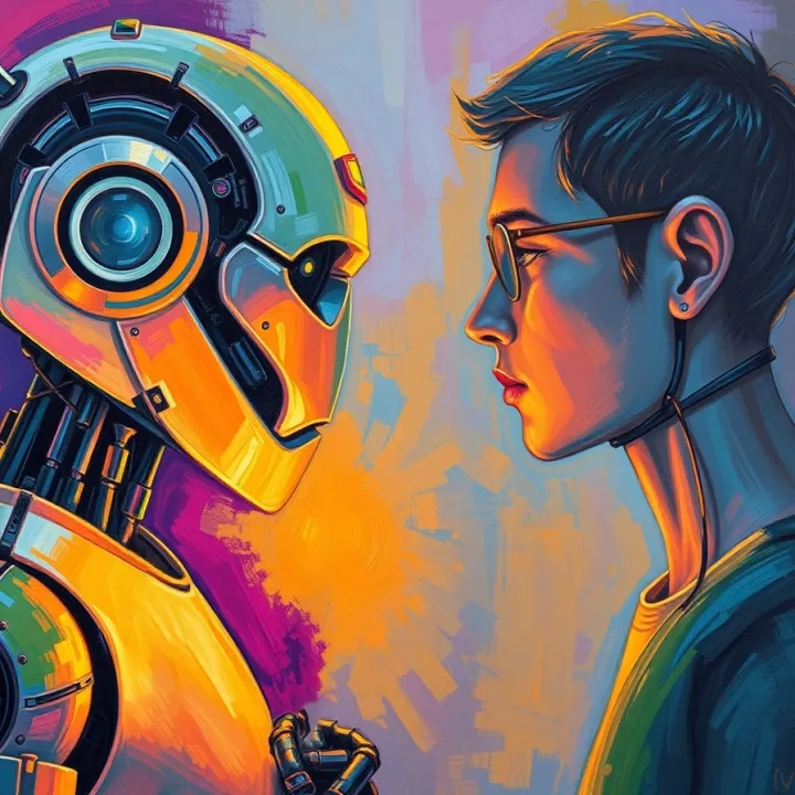 Human facing a humanoid robot in a colorful scene, symbolizing the relationship between people and artificial intelligence.