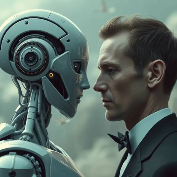 Dreamlike surreal imagery of an explainable AI robot facing a man, incorporating fantastical elements and bizarre scenes, presenting a graceful and elegant demeanor with refined features
