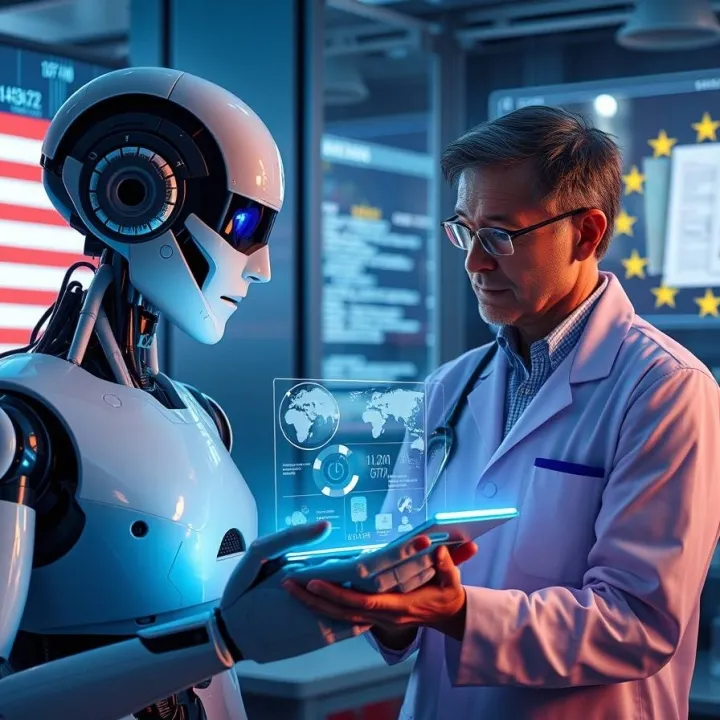 AI robot and scientist reviewing digital data with US and EU flags in background, symbolizing FDA and EMA approaches to AI regulation in drug development.