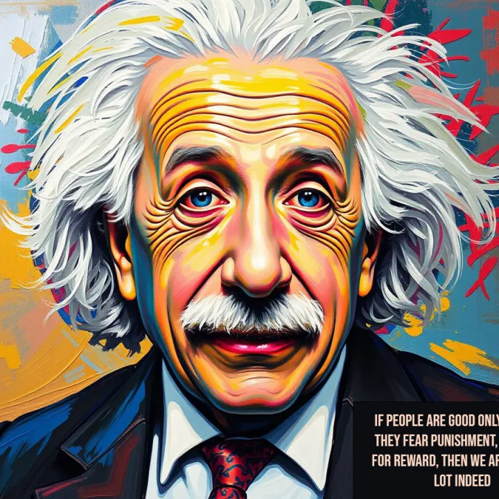 Colorful portrait of Albert Einstein with his quote about fear and reward, symbolizing moral choice and human motivation in behavior.
