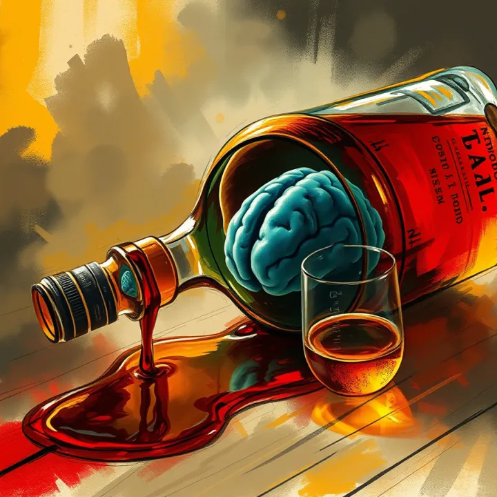 Spilled whiskey bottle with brain reflection in liquid, symbolizing alcohol