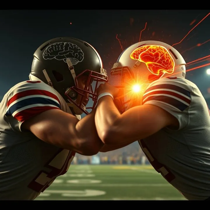 two American football players colliding with glowing neural energy and brain outlines symbolizing impact on brain structure