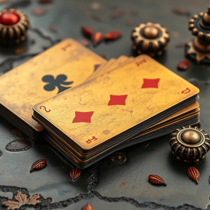 A cast bronze surface image representing playing card origins, with ancient Chinese and Indian civilization accents and a deck of cards, featuring an antique, patina finish