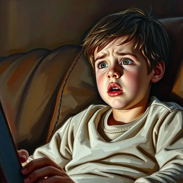 A classic oil painting of a young person experiencing anxiety and fear while watching a scary movie, rendered with rich textures and visible brushstrokes