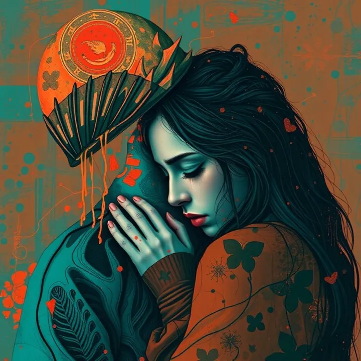 Emotional surreal artwork of a woman embracing a partner, symbolizing anxiety, connection, and inner struggle