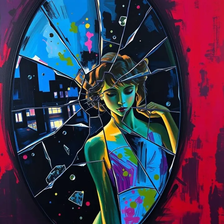 Bold acrylic painting, vibrant colors, textured brushstrokes. A cracked mirror in darkness, shards reflecting a glowing human silhouette, some bright, others faded