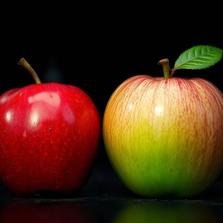 Candid street photography, a hyper-detailed red apple versus a green apple, rendered in ultra-sharp photorealism, pores and textures visible, against a deep black background