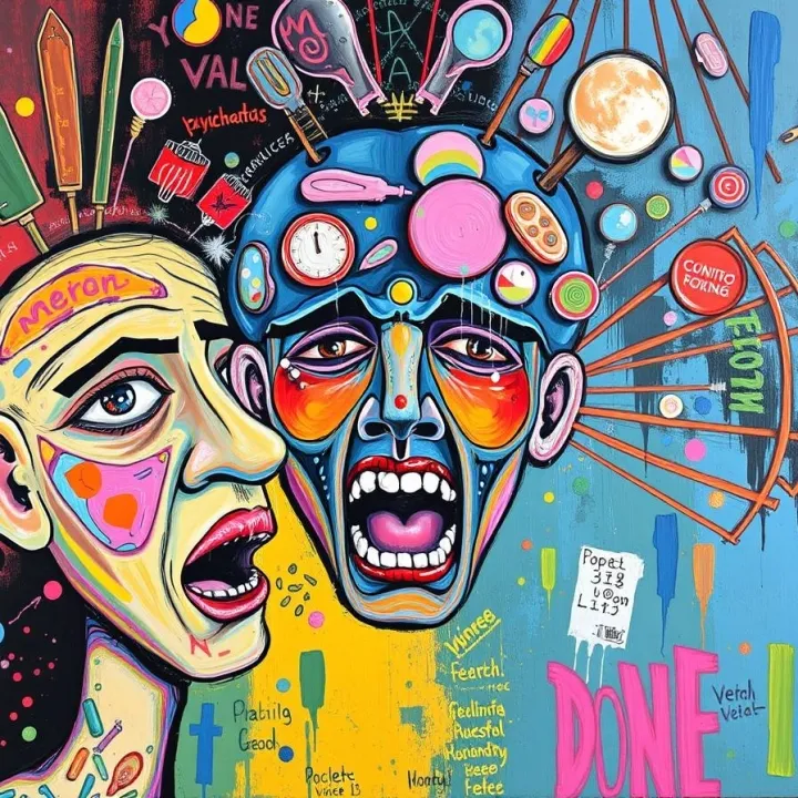 Auditory verbal hallucinations, mental imagery, anxiety, psychosis, and voice hearing, characterized by vibrant colors and prominent textured brushstroke