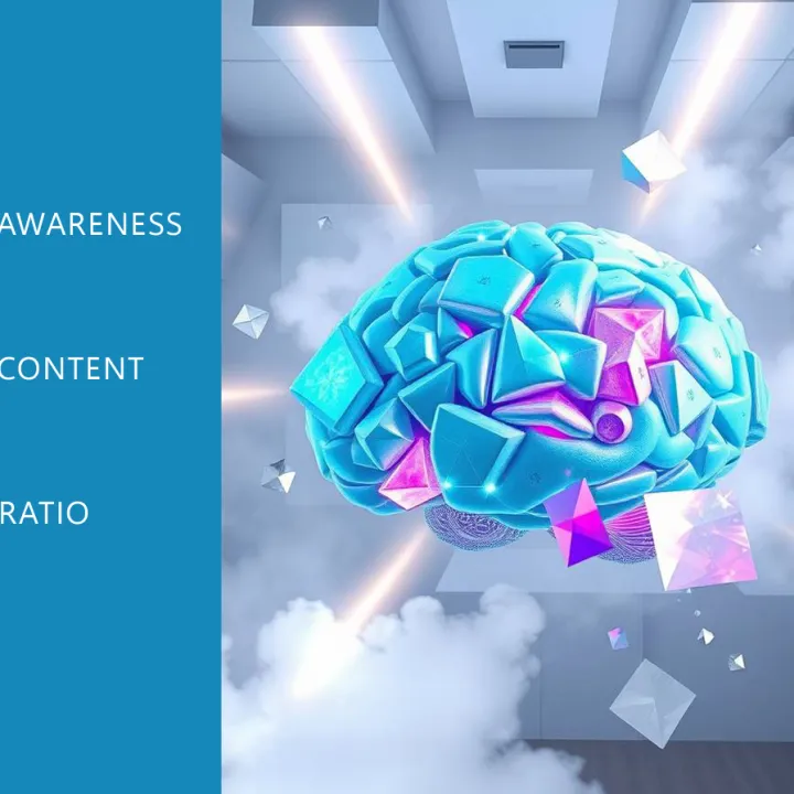 ACR - Awareness Content Ratio, DSA. Abstract 3D visualization of a glowing brain surrounded by geometric shapes and radiant light, representing mental clarity and open awareness fields.