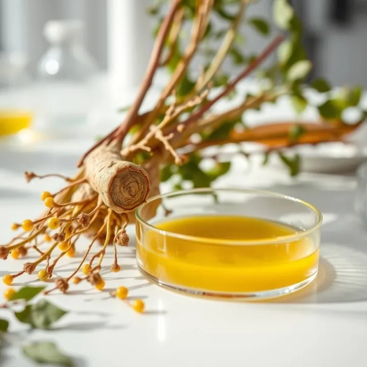 Berberine plant roots with yellow extract in a laboratory dish under natural light