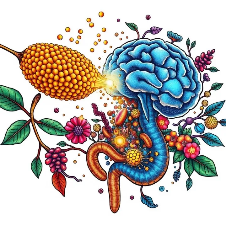 High angle perspective symbolic traditional tattoo art print, medical visualization of a golden quinoa grain becoming glowing betaine particles, flowing through a vibrant gut microbiome