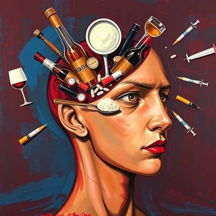 A detailed photo-realistic human head, with alcohol bottles, wine glasses, additions, drugs.