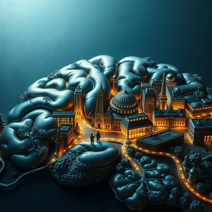 Neural pathways transform into glowing streets, trees, and museums human silhouettes walk illuminated paths.