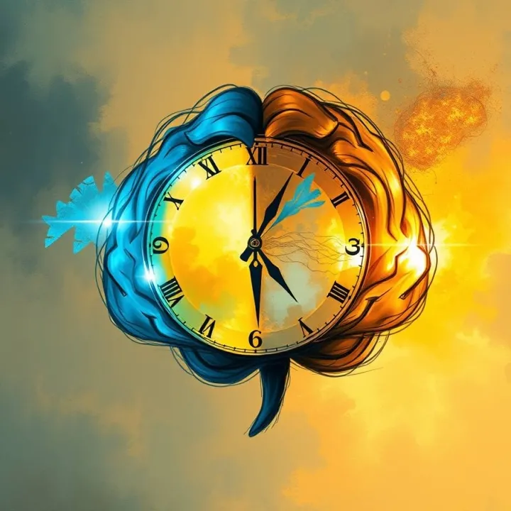 Human brain within a glowing clock, circadian brain, cognition, sleep, attention, mental health, biological clocks, neurobehavioral performance, chronobiology