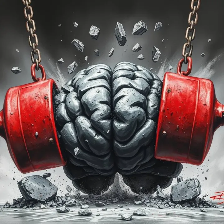A dramatic, photorealistic concept illustration of a human brain sculpted from rough black stone, shown in black and white tones. Two massive wrecking balls smash into.