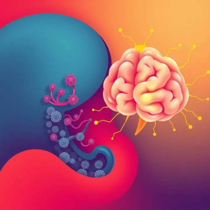 Vibrant complimentary colors Yin-yang composition, one half gut with microbial shapes, other half glowing brain, golden neural lines connect them, minimalistic modern vector illustration