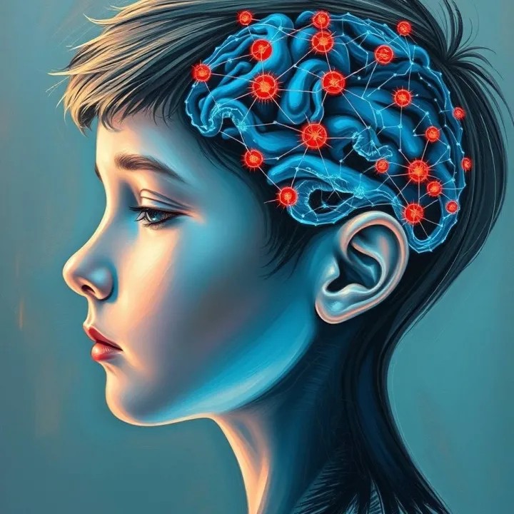 Conceptual image of inflammation disrupting neural attention pathways in a developing brain