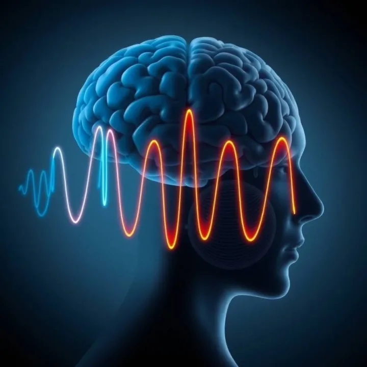 Brain metacognition, human head profile, blue theta waves from occipital, orange beta waves from frontal cortex.