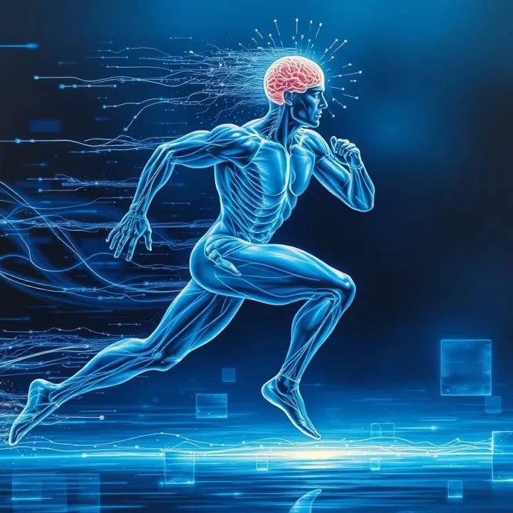 Human figure with muscular legs of glowing energy, upper body a transparent brain radiating neural light, sprinting through abstract data waves