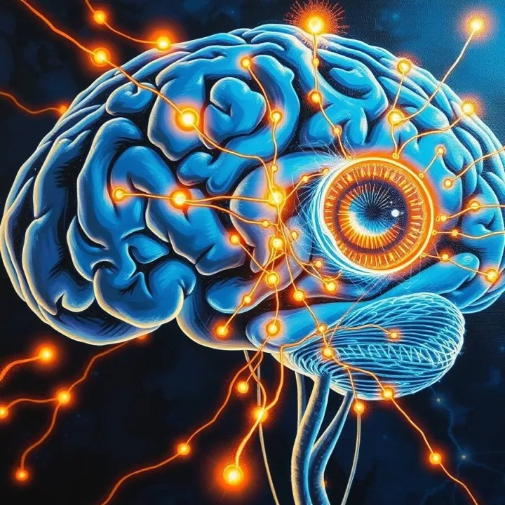 Neural illustration showing brain circuits connected to an eye with glowing signal pathways