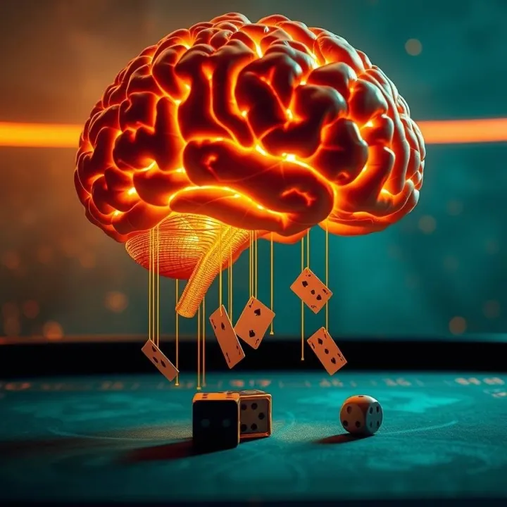 Strong hard light, electric vivid colors, direct harsh shadows illuminating a surreal, photo-realistic brain of golden light above a casino table with suspended cards and dice