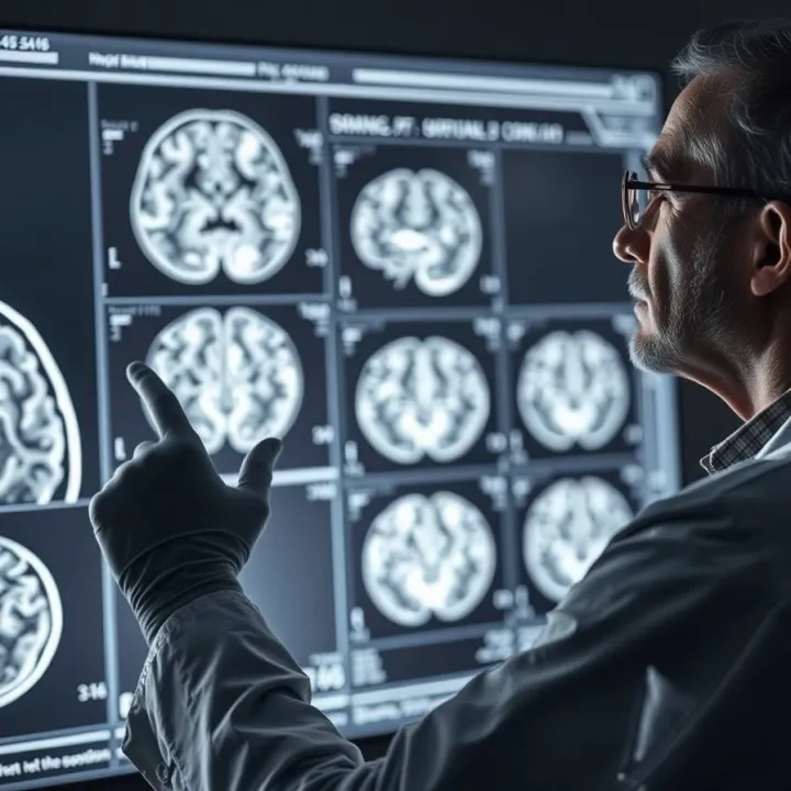 A neurologist in a lab coat examines a grayscale brain scan on a glowing screen, pointing with a gloved hand.