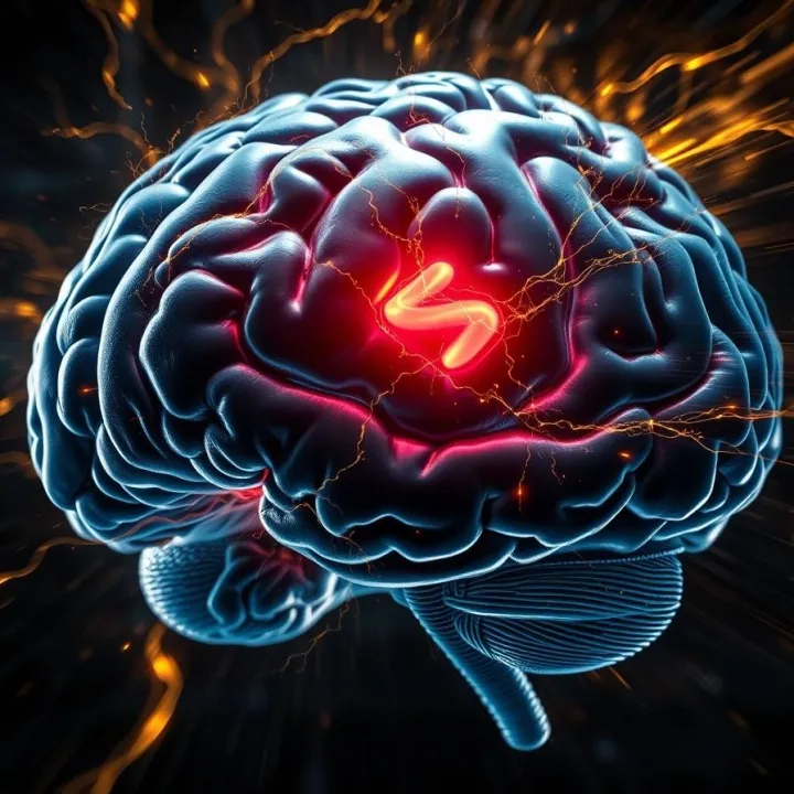 Human brain in deep indigo and silver, with glowing neural networks and a vivid red tumor, illuminated by swirling golden and silver light