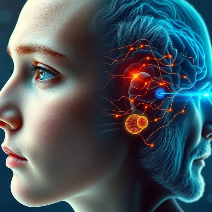 Younger and older faces overlaid with brain wave patterns showing age-related neural compensation.