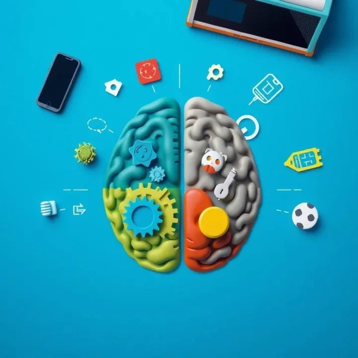 Colorful illustration of left and right brain hemispheres with icons representing different cognitive functions on a blue background.