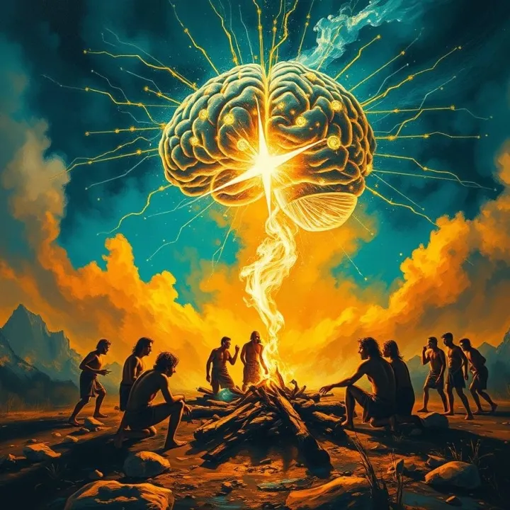 Ancient humans around a campfire morphing into a glowing neural network sky, smoke to data streams forming a brain.