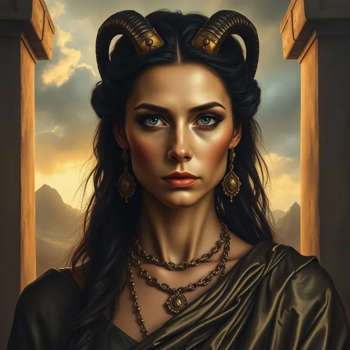 intense jet black mythological modern portrait of a wise woman symbolizing Capricorn zodiak sign, serene expression, disciplined compassion, wearing elegant metallic garments dawn light on stone terrace