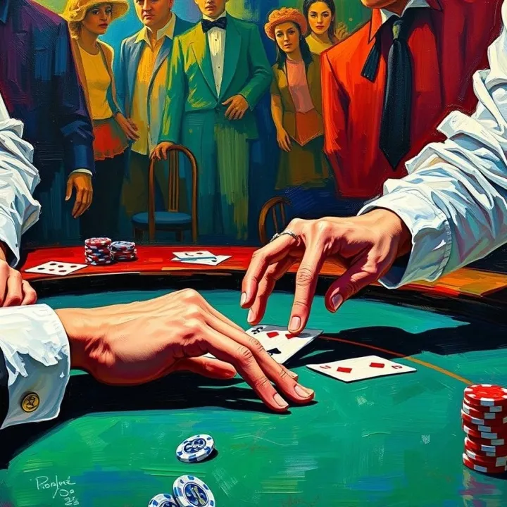 A classic oil painting in a retro style depicts hands at a casino table, imbued with the obsession of last-century gambling. The artwork features electric, vivid colors, rich textures