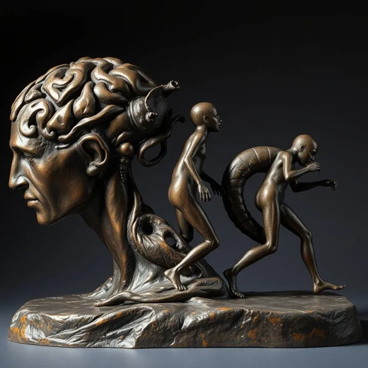 Cast bronze sculpture representing human cognition and autism shared evolutionary pathways