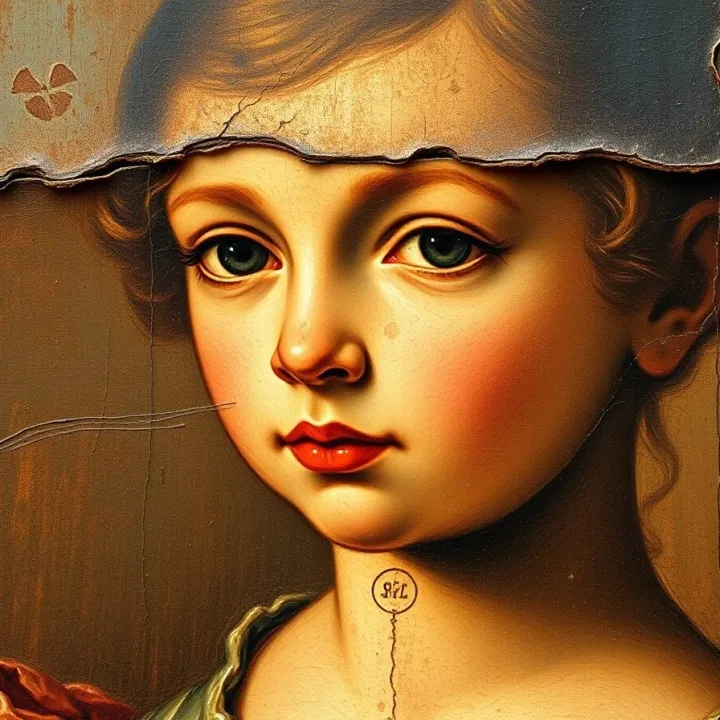 Cast bronze texture fragment of an 18th-century oil portrait of a young girl with an antique, patina finish