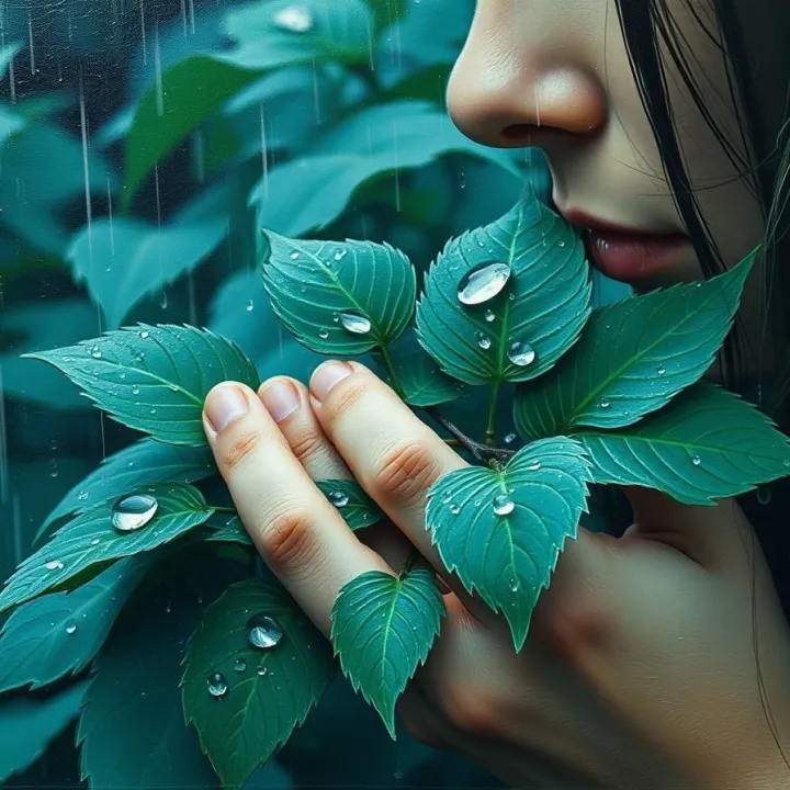 A person smelling Centella asiatica sleep medicine in a rich deep teal, wet rainy scene with drizzling rain and reflective surfaces, presented in a classic oil painting style