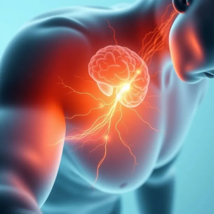 Human figure with highlighted neural pathways connecting glowing shoulder pain to brain activity, transparent overlay of nervous system.