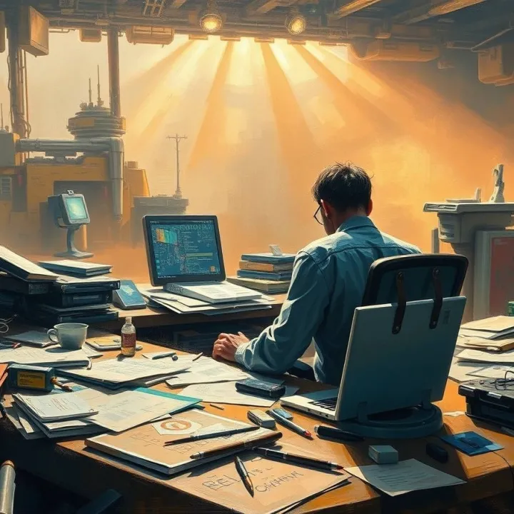 Man working at an overloaded desk with papers and screens, symbolizing rising cognitive strain and mental overload.