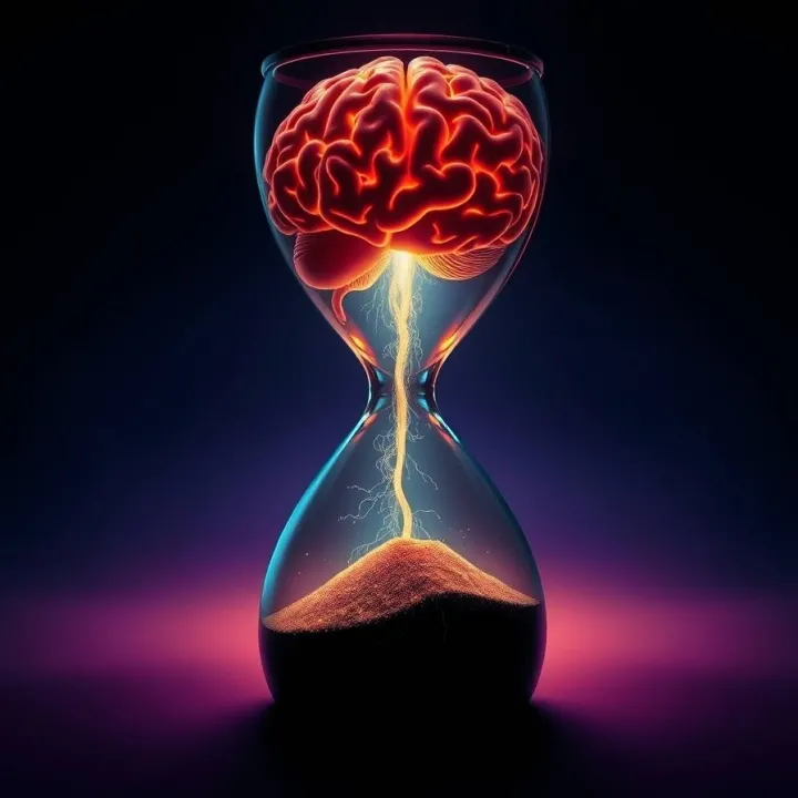 Reading Time from the Brain: brain inside an hourglass filled with glowing light instead of sand. The lower half of the hourglass.