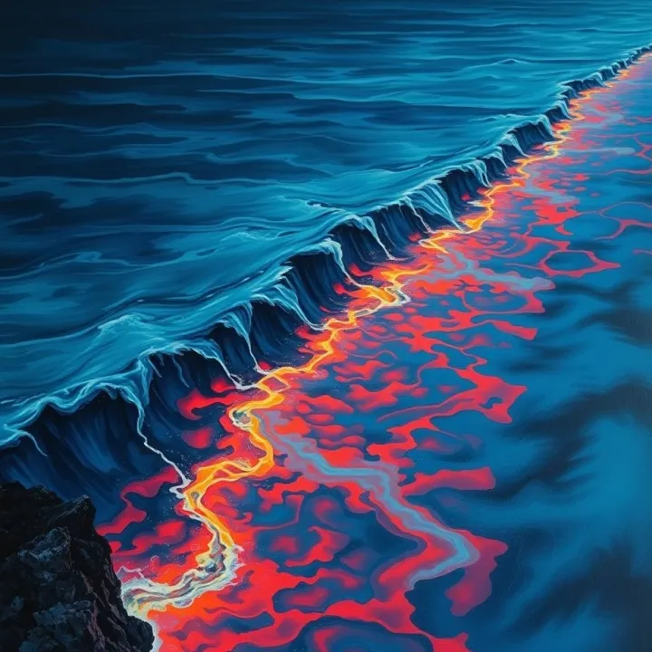 Conceptual image of ocean acidification shown through shifting water chemistry patterns near a coastline.